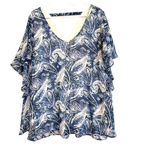 2/$30 NY Collection Blue & White Paisley Flutter Sleeve Blouse 2X NWT